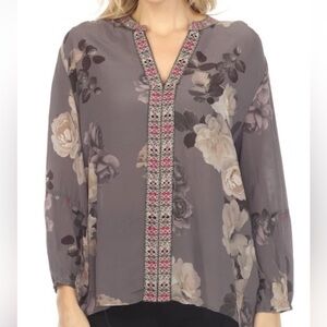 Johnny Was Gray Workshop Paris Floral Blouse with Pink Accents